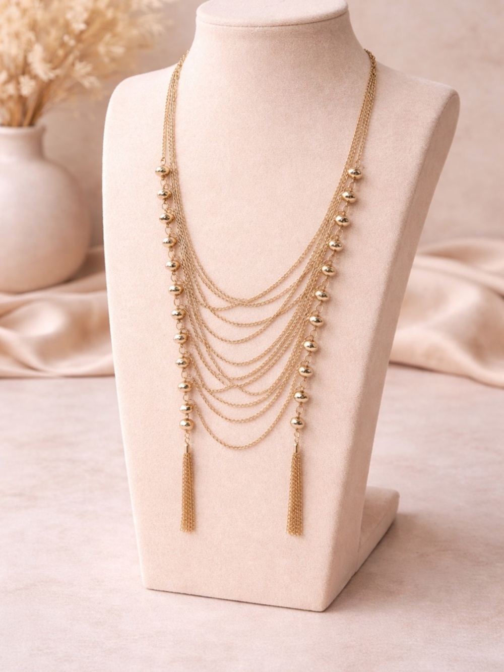 Layered Gold-Tone Chain Necklace with Tassel Accents